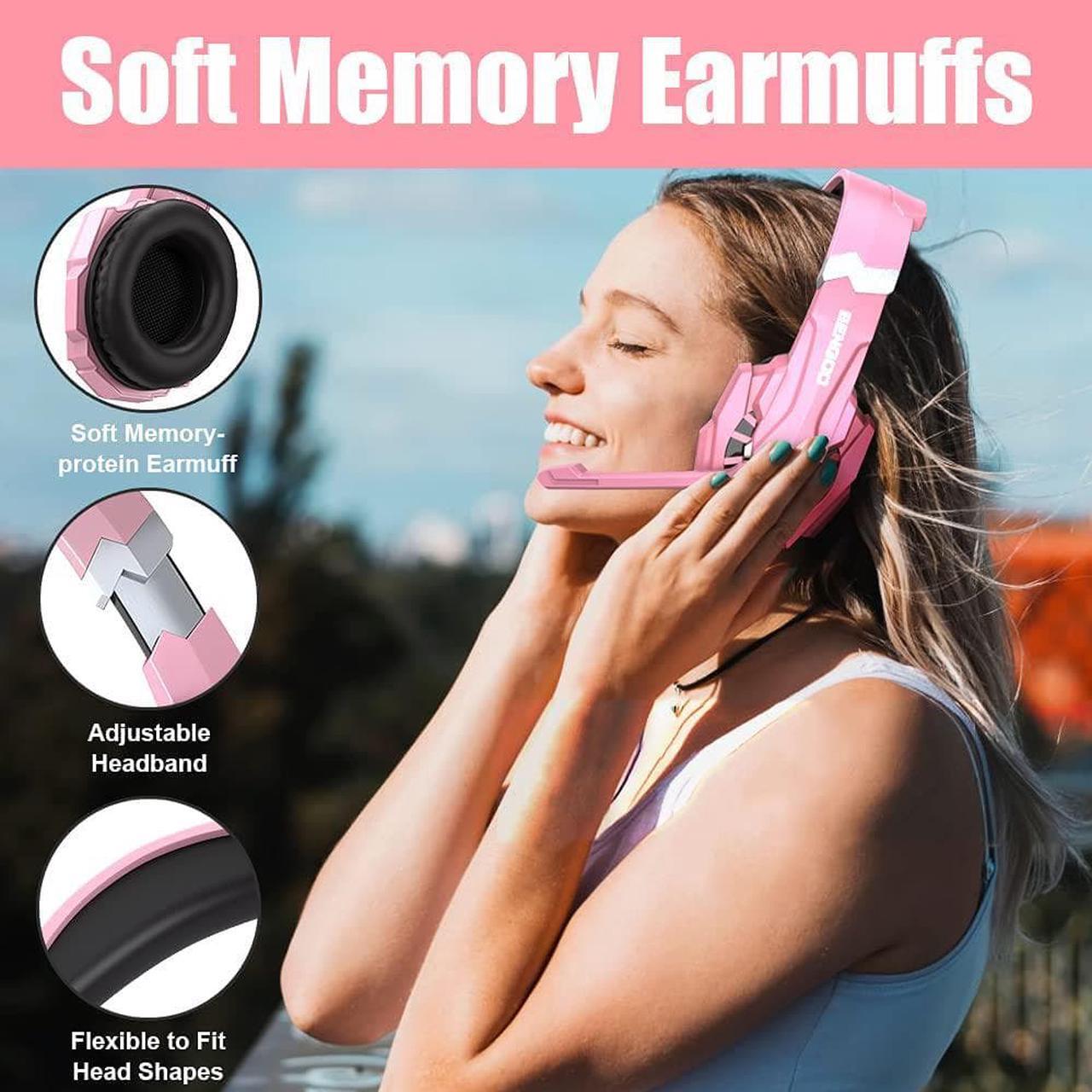 Alt view image 3 of 7 - BENGOO G9000 Professional Gaming Headset for PS4, PC, Xbox One Controller, Noise Cancelling Over Ear Headphones with Mic, LED Light, Bass Surround, Soft Memory Earmuffs for Laptop Nintendo - Pink