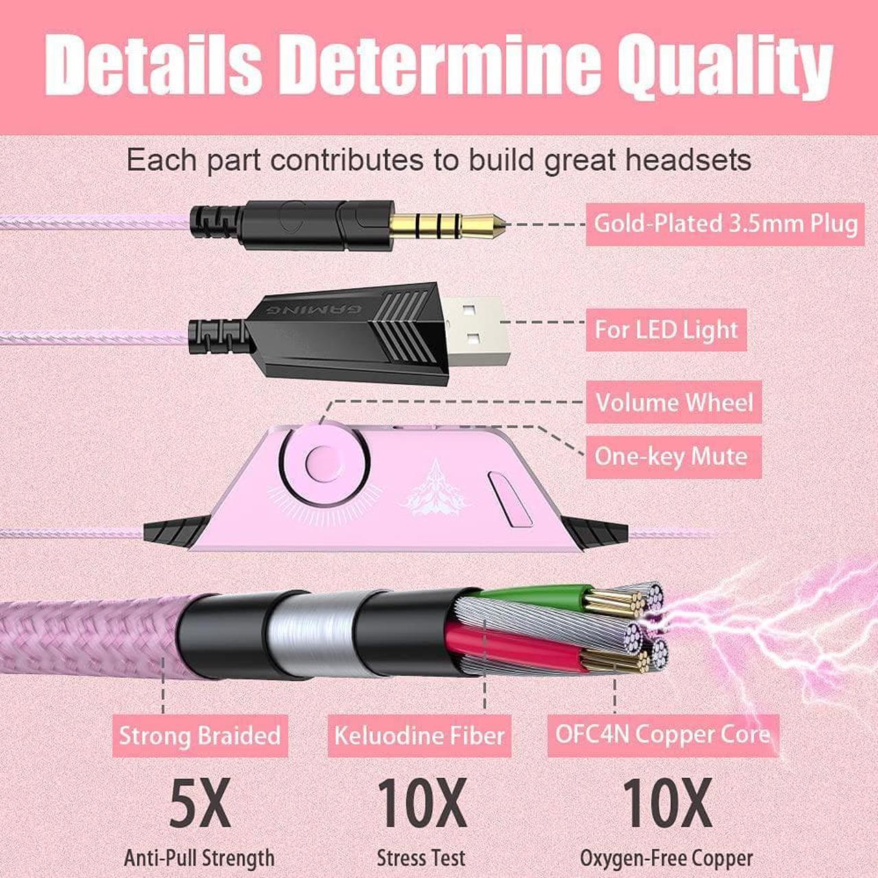 Alt view image 5 of 7 - BENGOO G9000 Professional Gaming Headset for PS4, PC, Xbox One Controller, Noise Cancelling Over Ear Headphones with Mic, LED Light, Bass Surround, Soft Memory Earmuffs for Laptop Nintendo - Pink