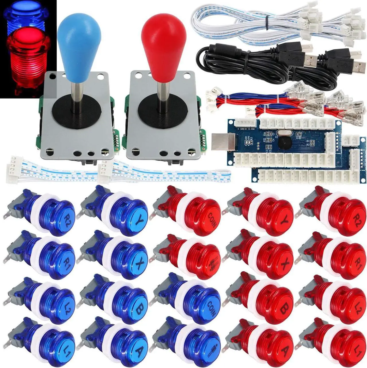 Main image of SJ@JX 2 Player Arcade Game Stick DIY Kit Buttons with Logo LED 8 Way Joystick USB Encoder Cable Controller for PC MAME Raspberry Pi Red Blue