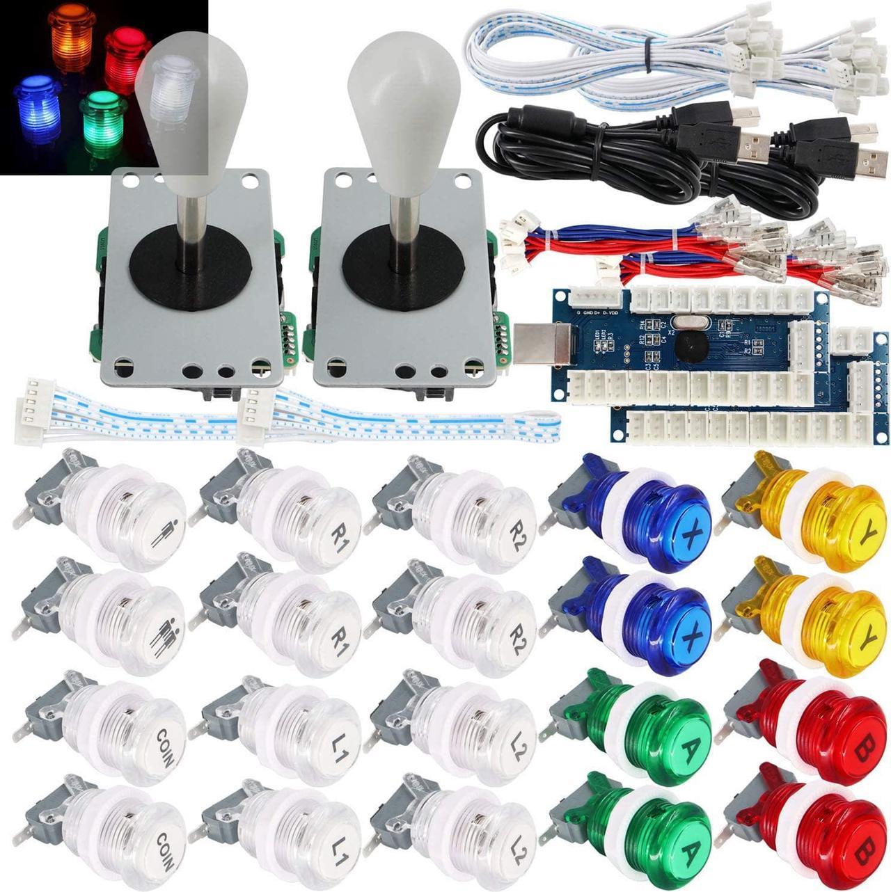 SJ@JX 2 Player Arcade Game Stick DIY Kit Buttons with Logo LED 8 Way Joystick USB Encoder Cable Controller for PC MAME Raspberry Pi Color Mix