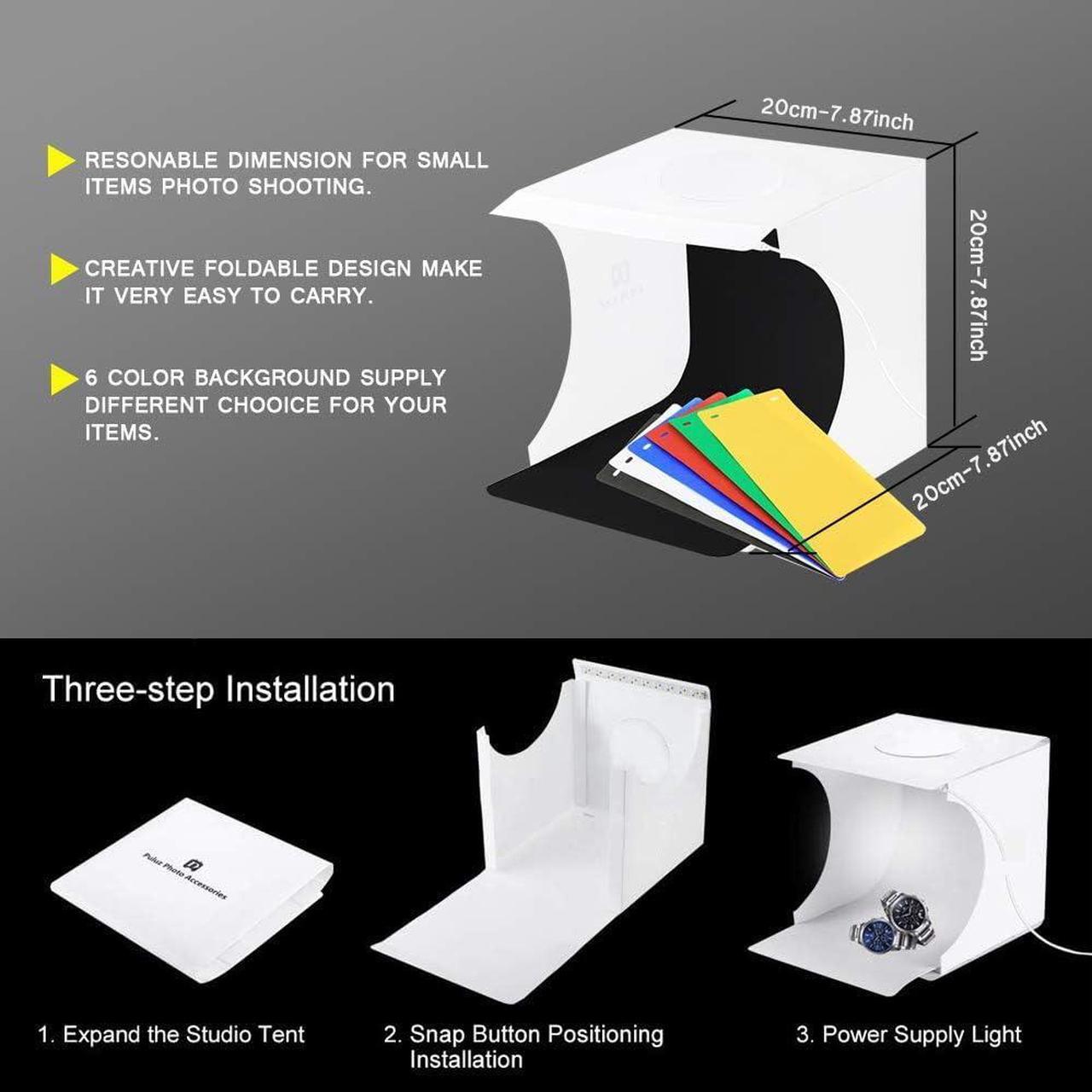 Alt view image 2 of 7 - Mini Photo Studio Tent Jewelry Light Box Kit, SENLIXIN Portable Foldable Small Home Photography Studio Light Box Booth Shooting Tent with LED Light Strips - with 6 Color Background (20x20x20cm)