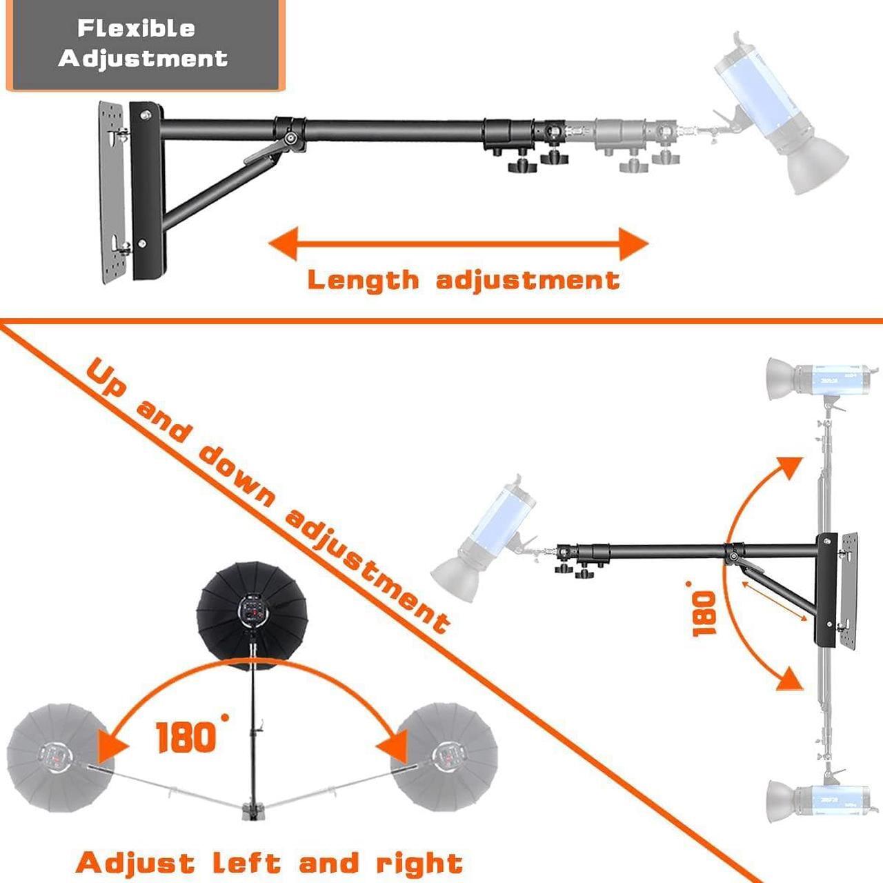 Alt view image 3 of 7 - Wall Mounting Triangle Boom Arm for Ring Light, Support 180° Flexible Rotation, 28-51in Adjustable Length, Save Space, for Monolight, Softbox, Umbrella and Reflector