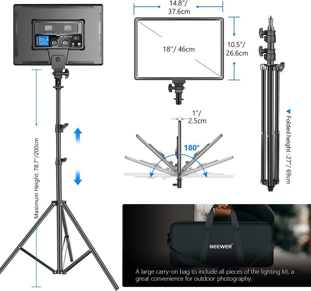 Alt view image 3 of 7 - Neewer 18" Led Video Light Panel Lighting Kit with Remote, 2-Pack 45W Dimmable Bi-Color +Light Stand, 3200K5600K Soft Light CRI 97+ 4800Lux for Game/Live Streaming/YouTube/Photography