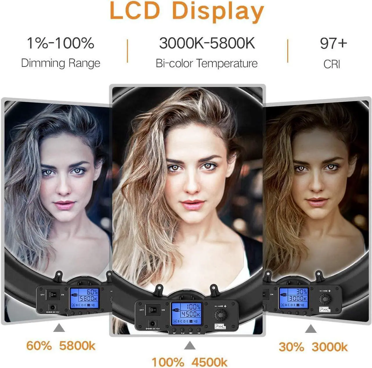Alt view image 3 of 7 - Ring Light, 19" Bi-Color LCD Display Ring Light with Stand, 55W 3000-5800K CRI97 Light Ring for Vlogging Selfie-Portrait Live Stream Video Photography Shooting