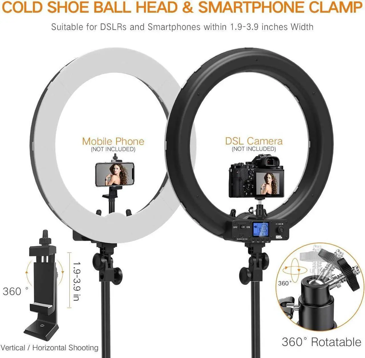 Alt view image 5 of 7 - Ring Light, 19" Bi-Color LCD Display Ring Light with Stand, 55W 3000-5800K CRI97 Light Ring for Vlogging Selfie-Portrait Live Stream Video Photography Shooting