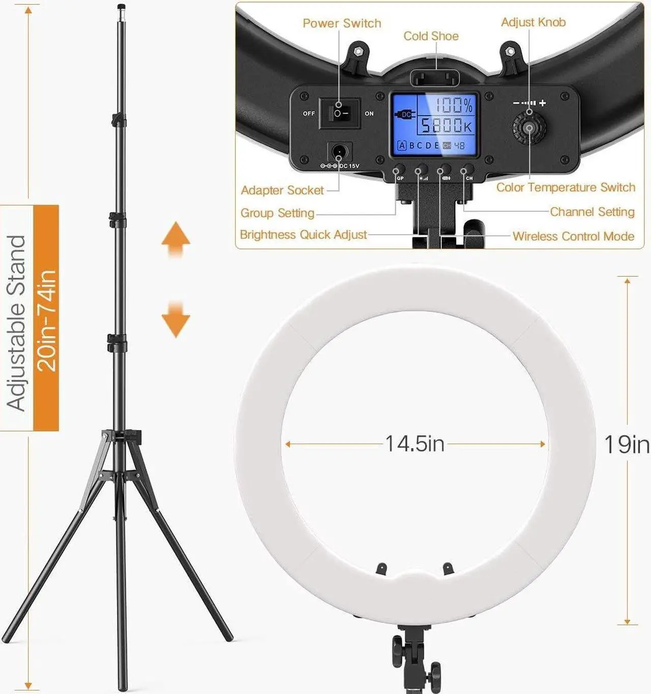Alt view image 6 of 7 - Ring Light, 19" Bi-Color LCD Display Ring Light with Stand, 55W 3000-5800K CRI97 Light Ring for Vlogging Selfie-Portrait Live Stream Video Photography Shooting