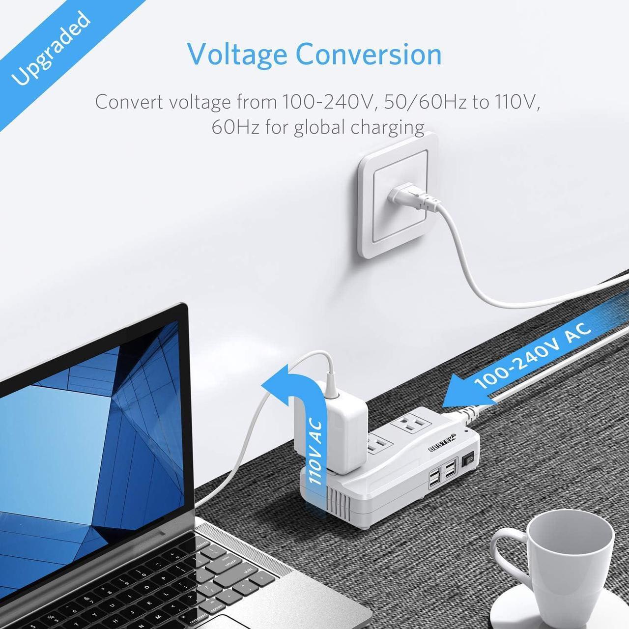 Alt view image 3 of 7 - Universal Travel Adapter 220V to 110V Voltage Converter with 6A 4-Port USB Charging and UK/AU/US/EU Worldwide Plug Adapter (White)