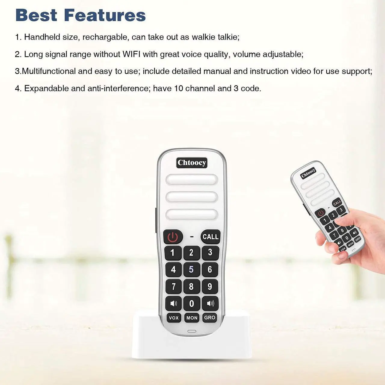 Alt view image 3 of 7 - Rechargeable Handheld Intercoms Wireless for Home 1 Mile Range 10 Channel, Wireless Intercom System for Home Business Office, Home Room to Room Communication System (2 Packs, White)