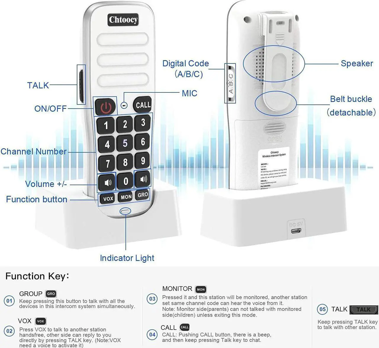 Alt view image 7 of 7 - Rechargeable Handheld Intercoms Wireless for Home 1 Mile Range 10 Channel, Wireless Intercom System for Home Business Office, Home Room to Room Communication System (2 Packs, White)