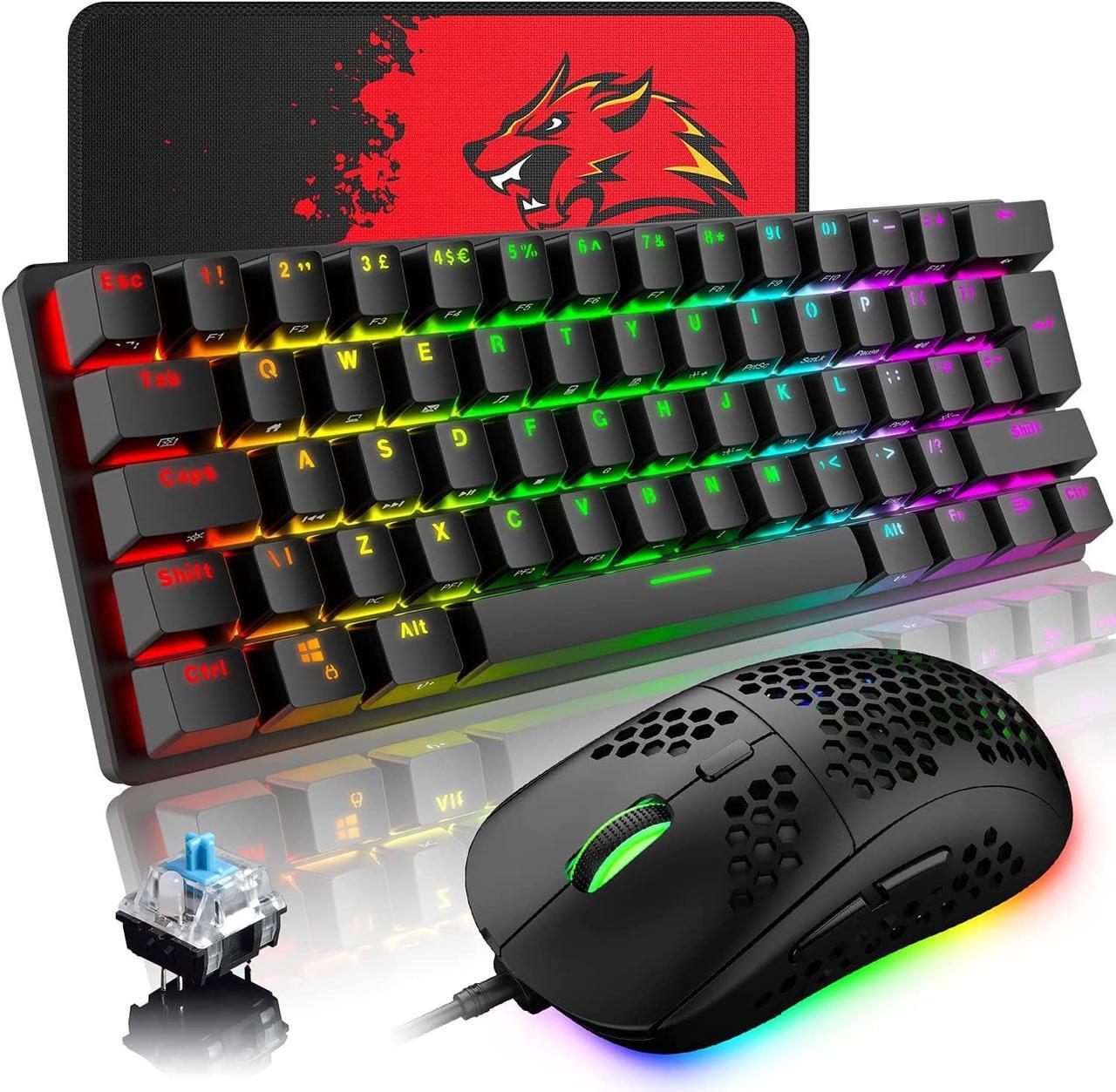 60% Mechanical Gaming Keyboard Blue Switch Mini 68 Keys Wired Type C 18 Backlit Effects,Lightweight RGB 6400DPI Honeycomb Optical Mouse,Gaming Mouse pad for Gamers and Typists(Black)