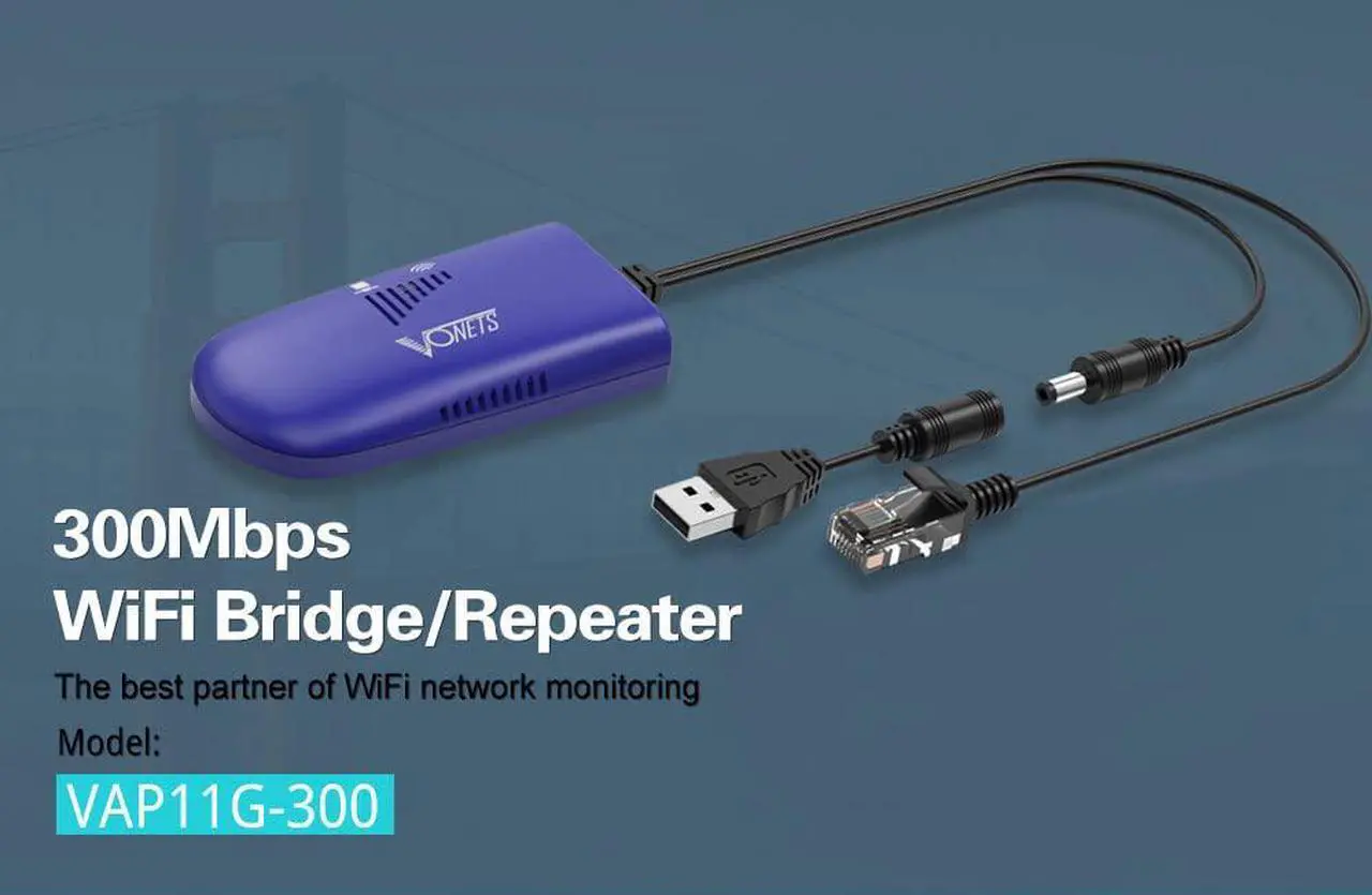 Alt view image 2 of 7 - WiFi to Wired WiFi Bridge Ethernet/Signal Repeater Mini Industrial 2.4GHz 300Mbps 1 RJ45 Male USB/DC Powered for Monitoring,Electronic Scales,IP Printer,Robots,Medical Devices VAP11G-300