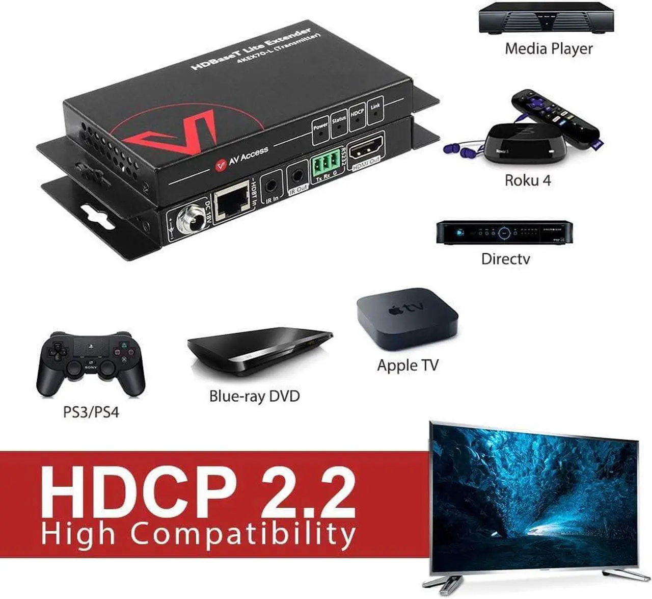 Alt view image 6 of 7 - AV Access HDBaseT HDMI Extender Over Single Cat5e/6/6a/7 Ethernet Cable 4K@60Hz 130ft, 1080P@60Hz 230ft, Supports CEC, Bi-Directional PoE, IR and RS232 Pass Through, EDID, HDCP 2.2 (4KEX70-L)