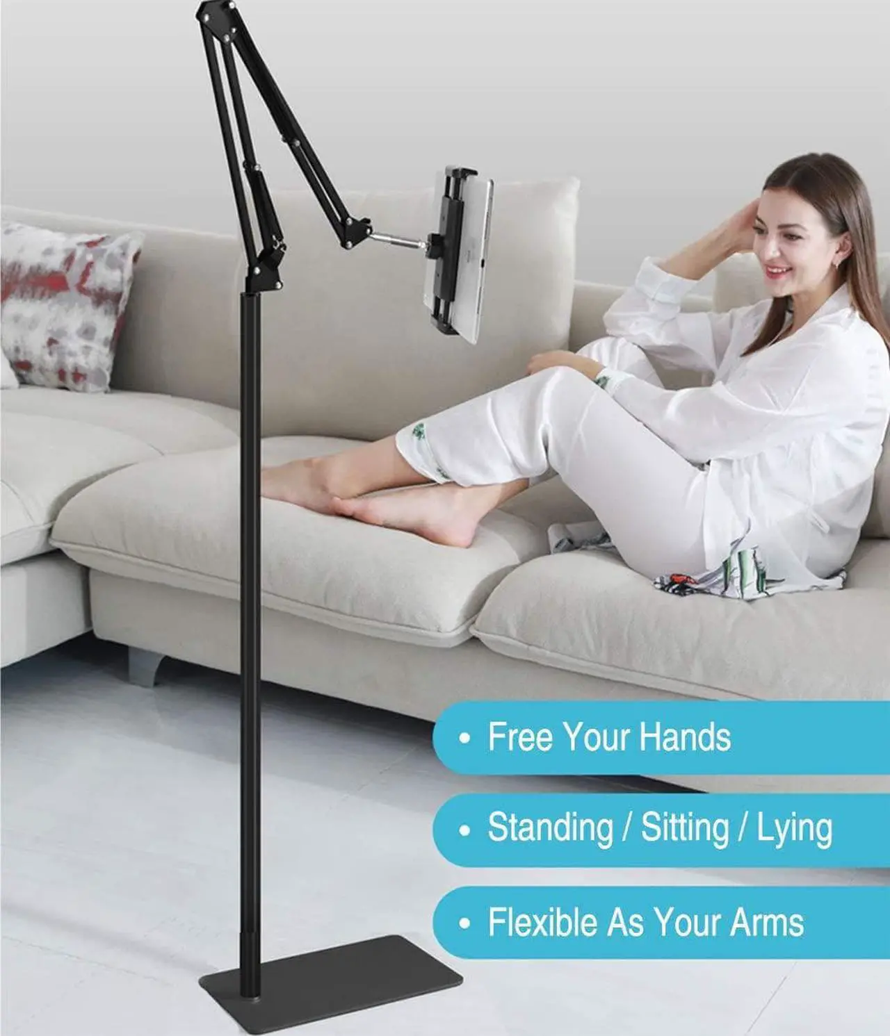 Alt view image 7 of 7 - Tablet Floor Stand, Overhead Bed Phone Stand Angle Height Adjustable Holder, Universal Floor Stand Compatible with iPhone iPad Pro Air Mini, Samsung Tab, Kindle, E-Readers