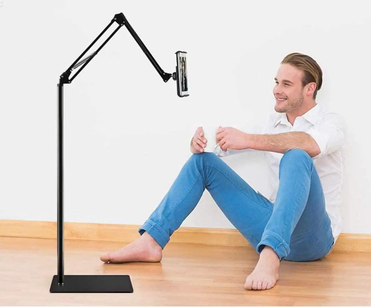 Alt view image 5 of 7 - Tablet Floor Stand, Overhead Bed Phone Stand Angle Height Adjustable Holder, Universal Floor Stand Compatible with iPhone iPad Pro Air Mini, Samsung Tab, Kindle, E-Readers