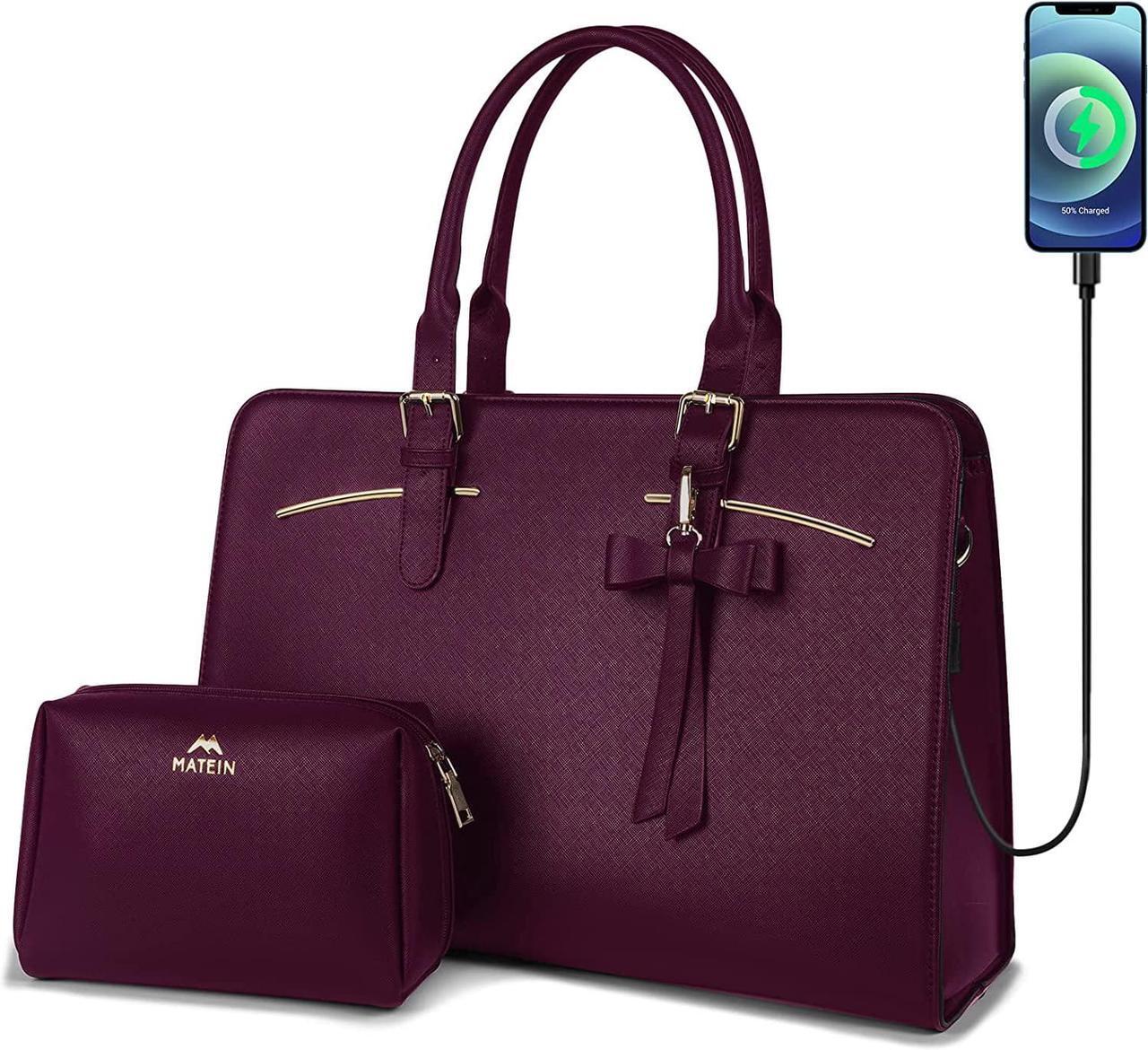 Main image of Laptop Bag for Women, Large Laptop briefcase for 15.6 Inch Computer Waterproof PU Leather Shoulder Bag with USB Charging Port, Fashion Business Office Work Tote Bag Handbag Purse 2pcs Set, Dark Purple