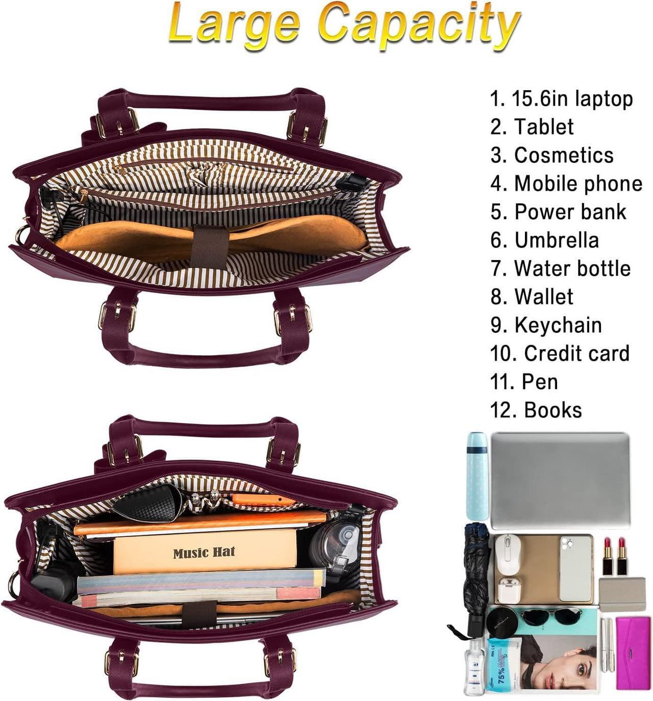 Alt view image 2 of 7 - Laptop Bag for Women, Large Laptop briefcase for 15.6 Inch Computer Waterproof PU Leather Shoulder Bag with USB Charging Port, Fashion Business Office Work Tote Bag Handbag Purse 2pcs Set, Dark Purple