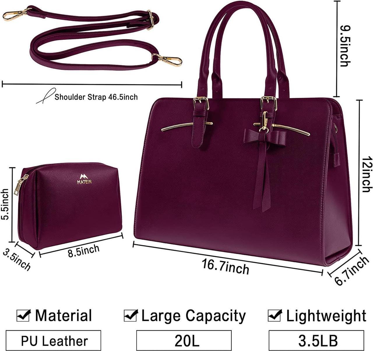 Alt view image 3 of 7 - Laptop Bag for Women, Large Laptop briefcase for 15.6 Inch Computer Waterproof PU Leather Shoulder Bag with USB Charging Port, Fashion Business Office Work Tote Bag Handbag Purse 2pcs Set, Dark Purple