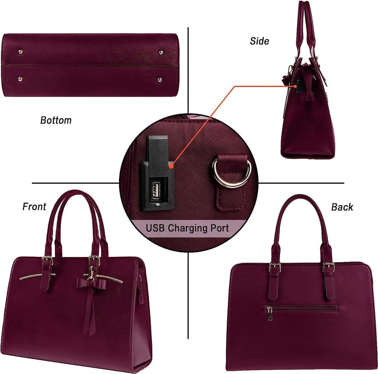 Alt view image 4 of 7 - Laptop Bag for Women, Large Laptop briefcase for 15.6 Inch Computer Waterproof PU Leather Shoulder Bag with USB Charging Port, Fashion Business Office Work Tote Bag Handbag Purse 2pcs Set, Dark Purple
