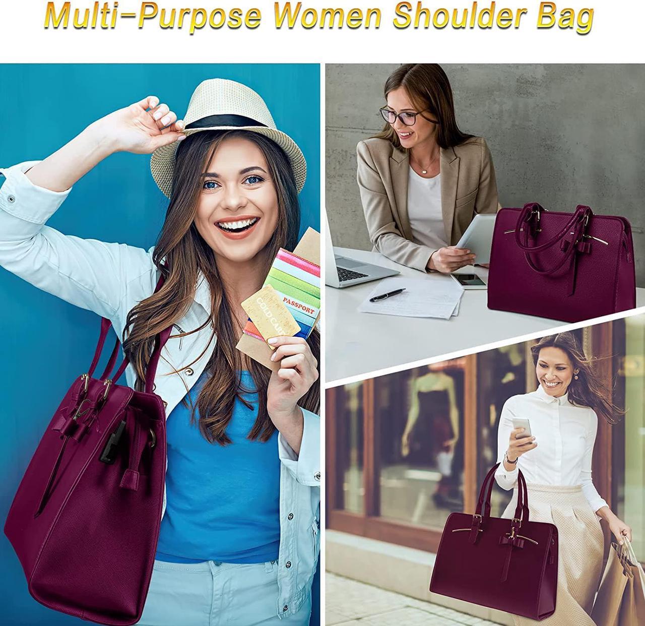 Alt view image 7 of 7 - Laptop Bag for Women, Large Laptop briefcase for 15.6 Inch Computer Waterproof PU Leather Shoulder Bag with USB Charging Port, Fashion Business Office Work Tote Bag Handbag Purse 2pcs Set, Dark Purple