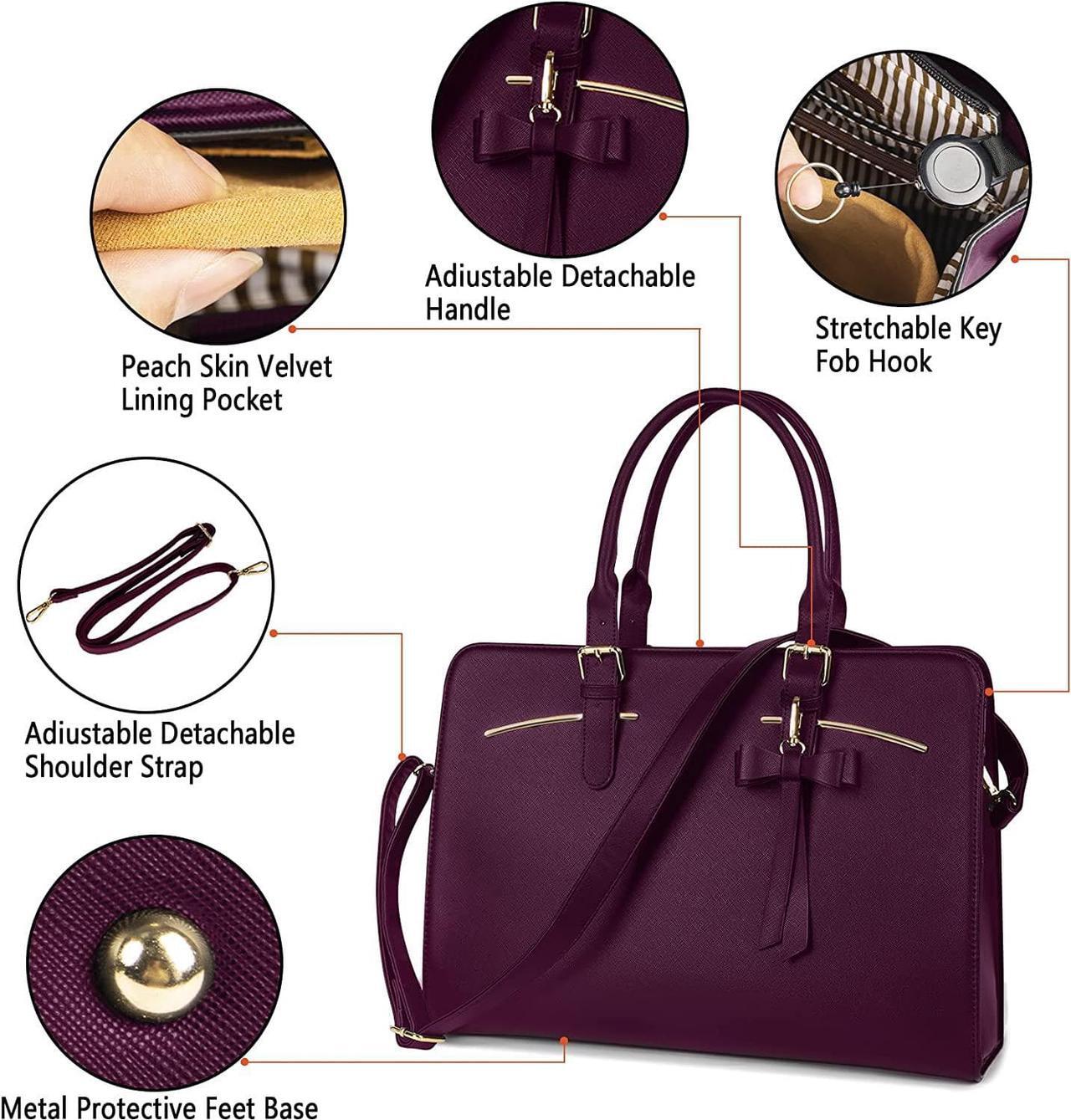 Alt view image 5 of 7 - Laptop Bag for Women, Large Laptop briefcase for 15.6 Inch Computer Waterproof PU Leather Shoulder Bag with USB Charging Port, Fashion Business Office Work Tote Bag Handbag Purse 2pcs Set, Dark Purple