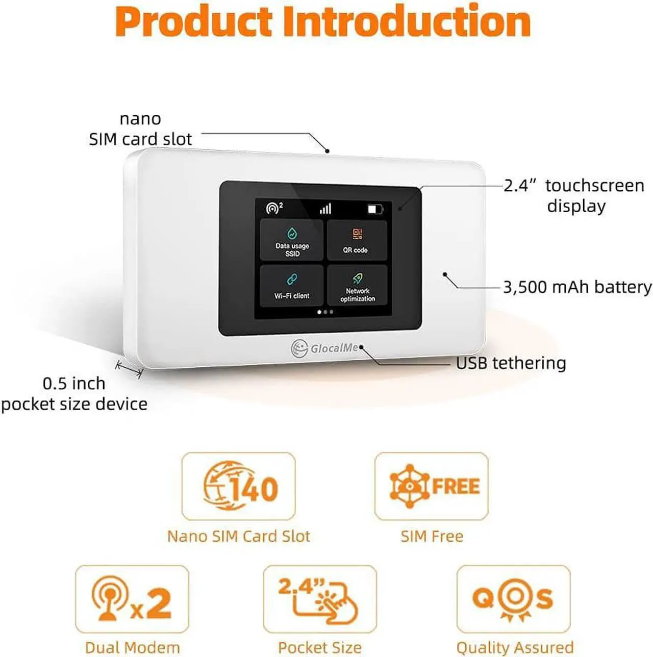Alt view image 4 of 5 - GlocalMe DuoTurbo 4G LTE Portable WiFi Mobile Hotspot Device for Travel, SIMFREE, No Contract, with Lifetime US 8GB & Global 1GB Data in 150+ Countries, Support 10 Devices Connected (White)