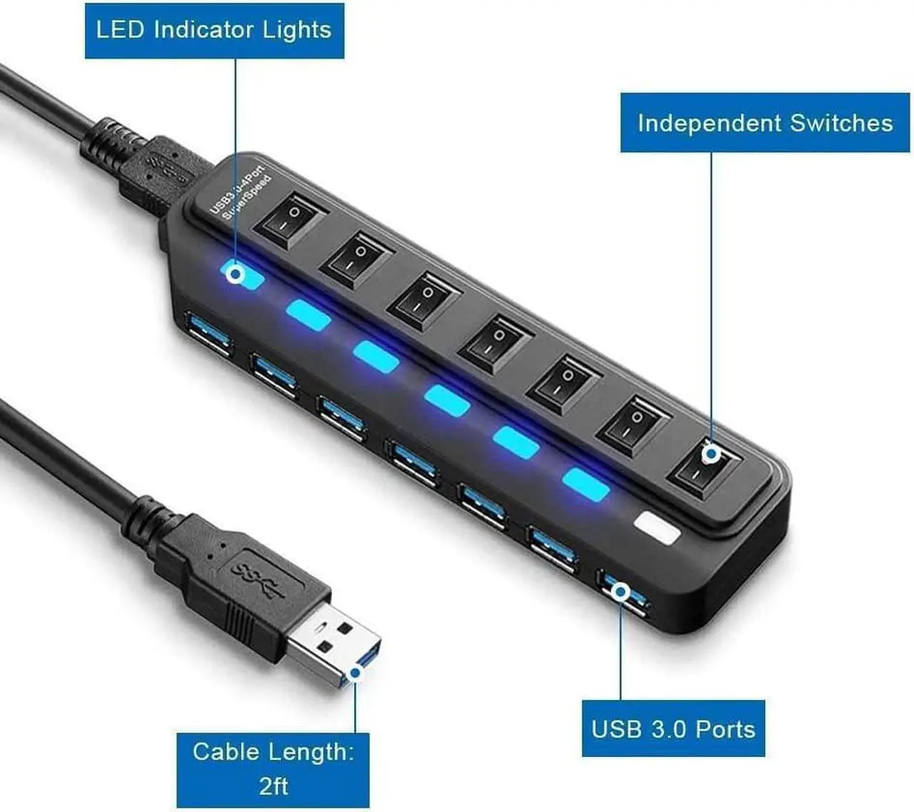 Alt view image 2 of 6 - USB HUB - USB 3.0 Ports with Individual Power Switch, Data Splitter & Power Hub (7 Ports)