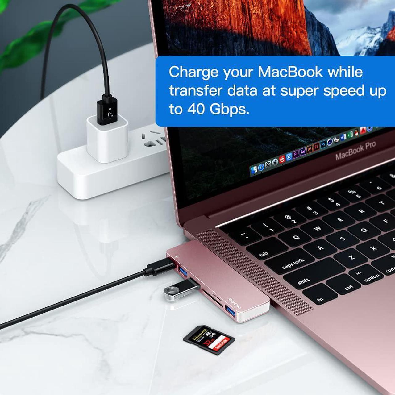 Alt view image 5 of 6 - RayCue USB C Hub Adapter for MacBook Pro/Air M1 M2 M3 2023-2016, 6 in-1 USB-C Accessories Compatible with MacBook Pro 13 and 15 with 3 USB 3.0 Ports, TF/SD Card Reader, USB-C Power Delivery (Pink)