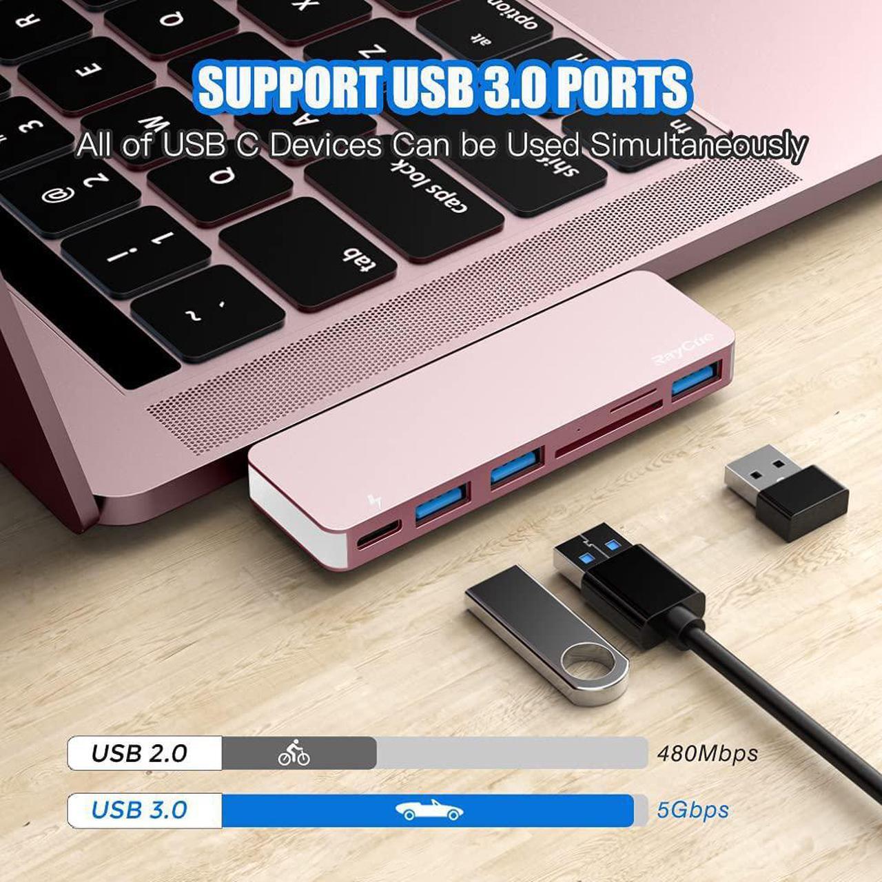 Alt view image 3 of 6 - RayCue USB C Hub Adapter for MacBook Pro/Air M1 M2 M3 2023-2016, 6 in-1 USB-C Accessories Compatible with MacBook Pro 13 and 15 with 3 USB 3.0 Ports, TF/SD Card Reader, USB-C Power Delivery (Pink)