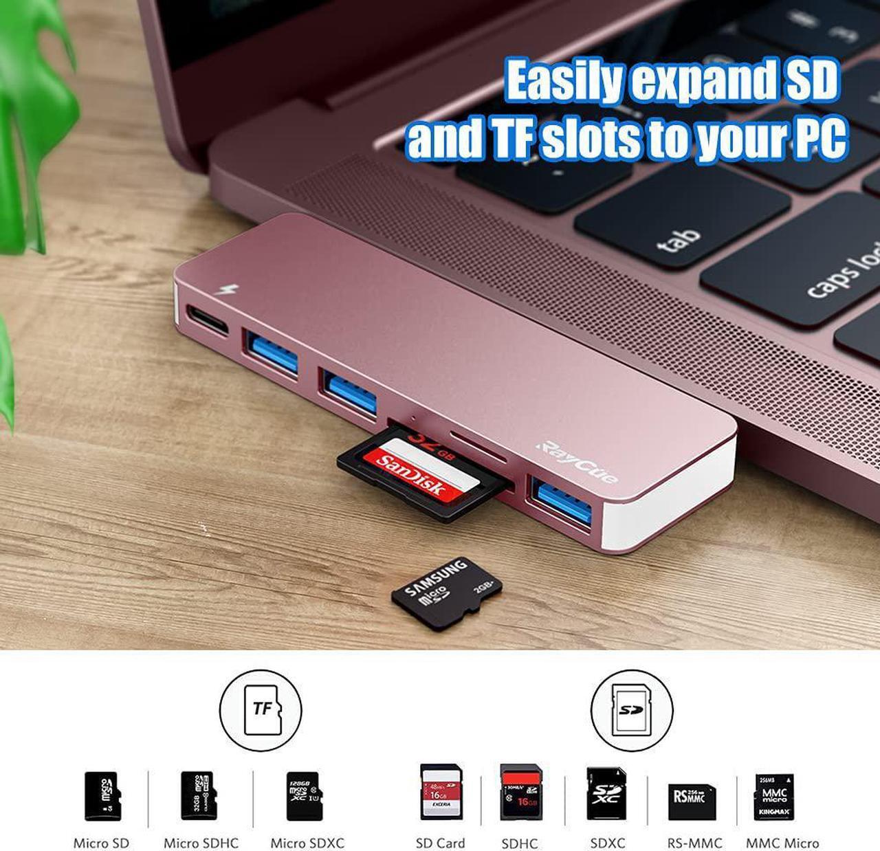 Alt view image 4 of 6 - RayCue USB C Hub Adapter for MacBook Pro/Air M1 M2 M3 2023-2016, 6 in-1 USB-C Accessories Compatible with MacBook Pro 13 and 15 with 3 USB 3.0 Ports, TF/SD Card Reader, USB-C Power Delivery (Pink)