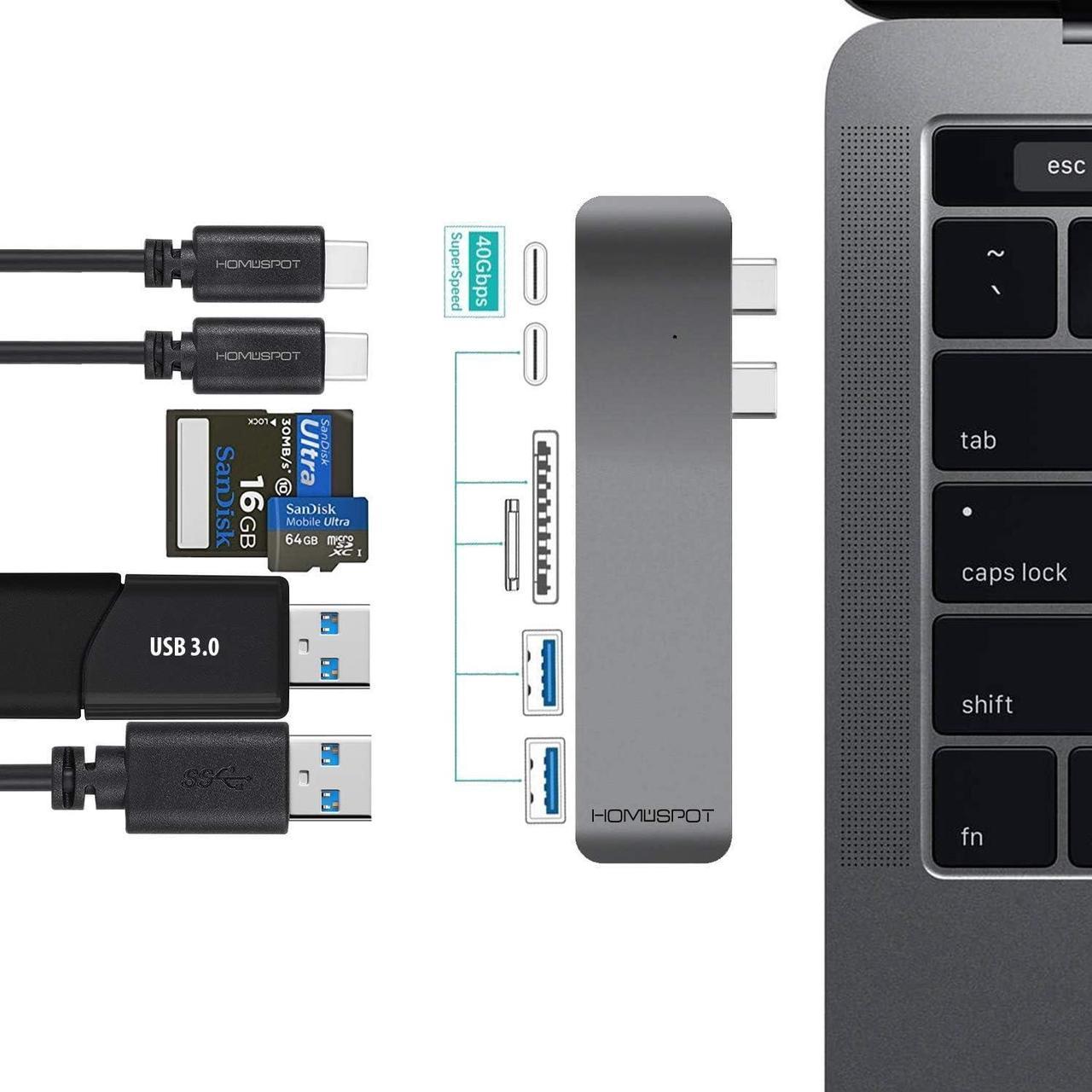 Thunderbolt 3 USB C Hub Docking for MacBook Air 2018 MacBook Pro 2018 13" & 15", HomeSpot Type-C Duo Hub 6 Port - 40Gbs Thunderbolt 3, Pass-Through Charging, SD/Micro Card Reader - Space Grey