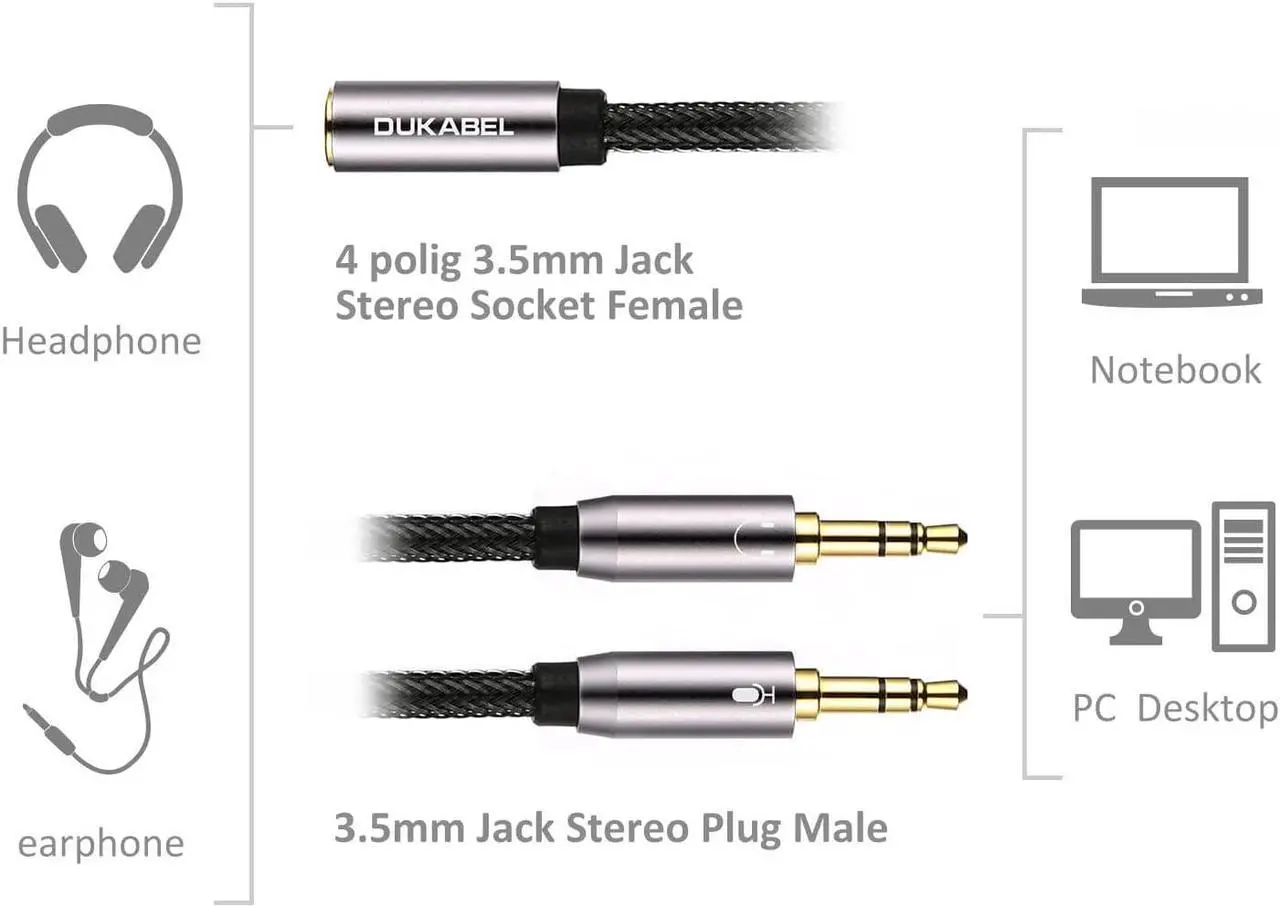 Alt view image 6 of 7 - Headset Splitter Cable Gold-Plated & Strong Braided Y Splitter Audio Cable Separate Microphone Headphone Port Gaming Headset Splitter PC Earphone Adapter VoIP Phone -TopSeries (12inch / 30cm)