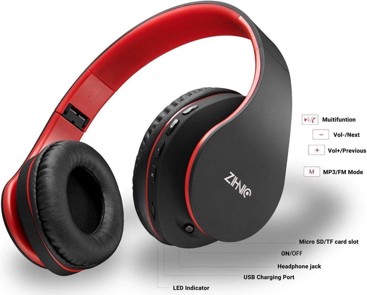 Alt view image 3 of 6 - ZIHNIC Bluetooth Headphones Over-Ear, Foldable Wireless and Wired Stereo Headset Micro SD/TF, FM for Cell Phone,PC,Soft Earmuffs &Light Weight for Prolonged Wearing (Black/red)