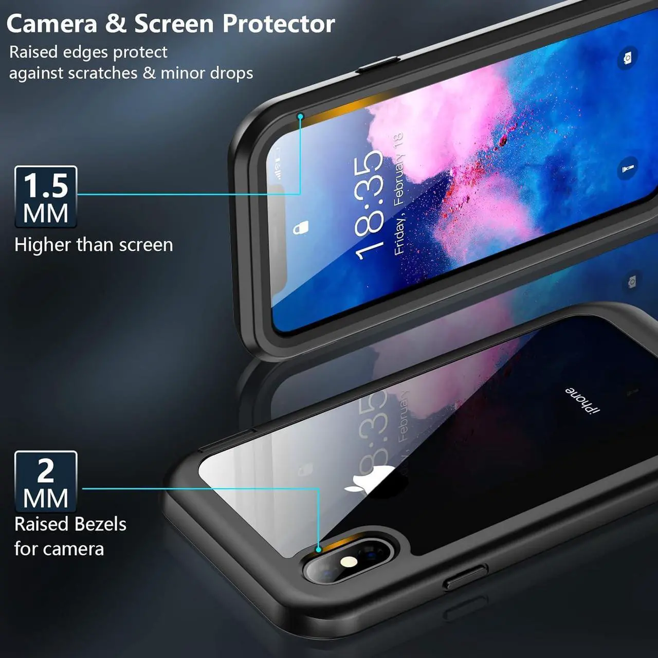 Alt view image 4 of 7 - for iPhone X Case,for iPhone Xs Case, Built-in Screen Protector Full Body Protection Heavy Duty Shockproof Rugged Cover Skin for iPhone X/Xs 5.8inch (Black/Clear)