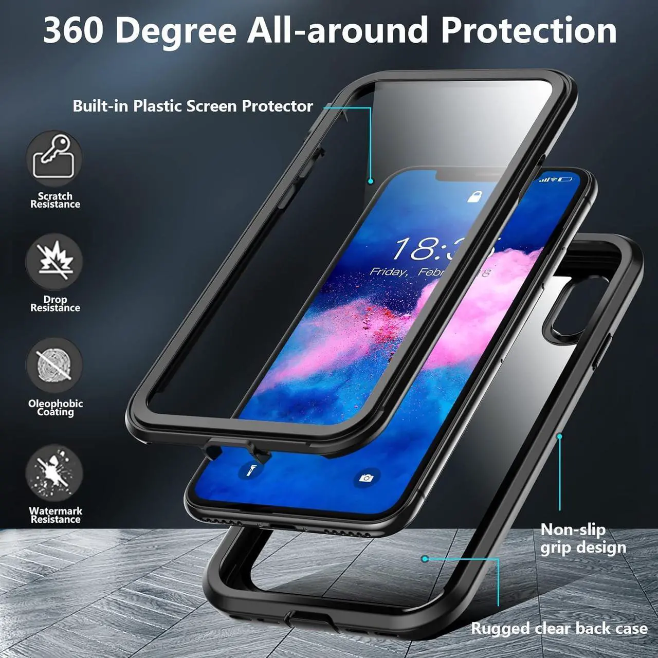 Alt view image 6 of 7 - for iPhone X Case,for iPhone Xs Case, Built-in Screen Protector Full Body Protection Heavy Duty Shockproof Rugged Cover Skin for iPhone X/Xs 5.8inch (Black/Clear)