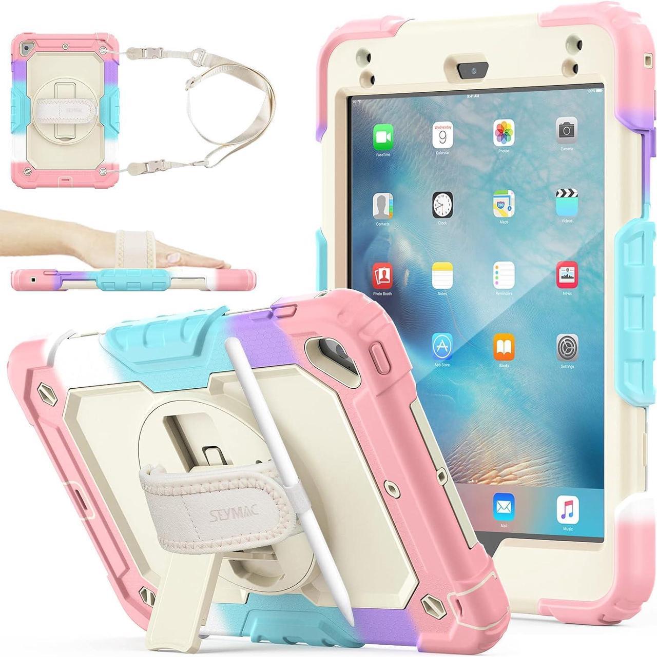 Case for Pad Mini 5/4 Cover with Screen Protector Pencil Holder [360 Rotating Hand Strap] &Stand, Drop-Proof Case for Pad Mini 5th/4th Generation (Yellowish+Pink)