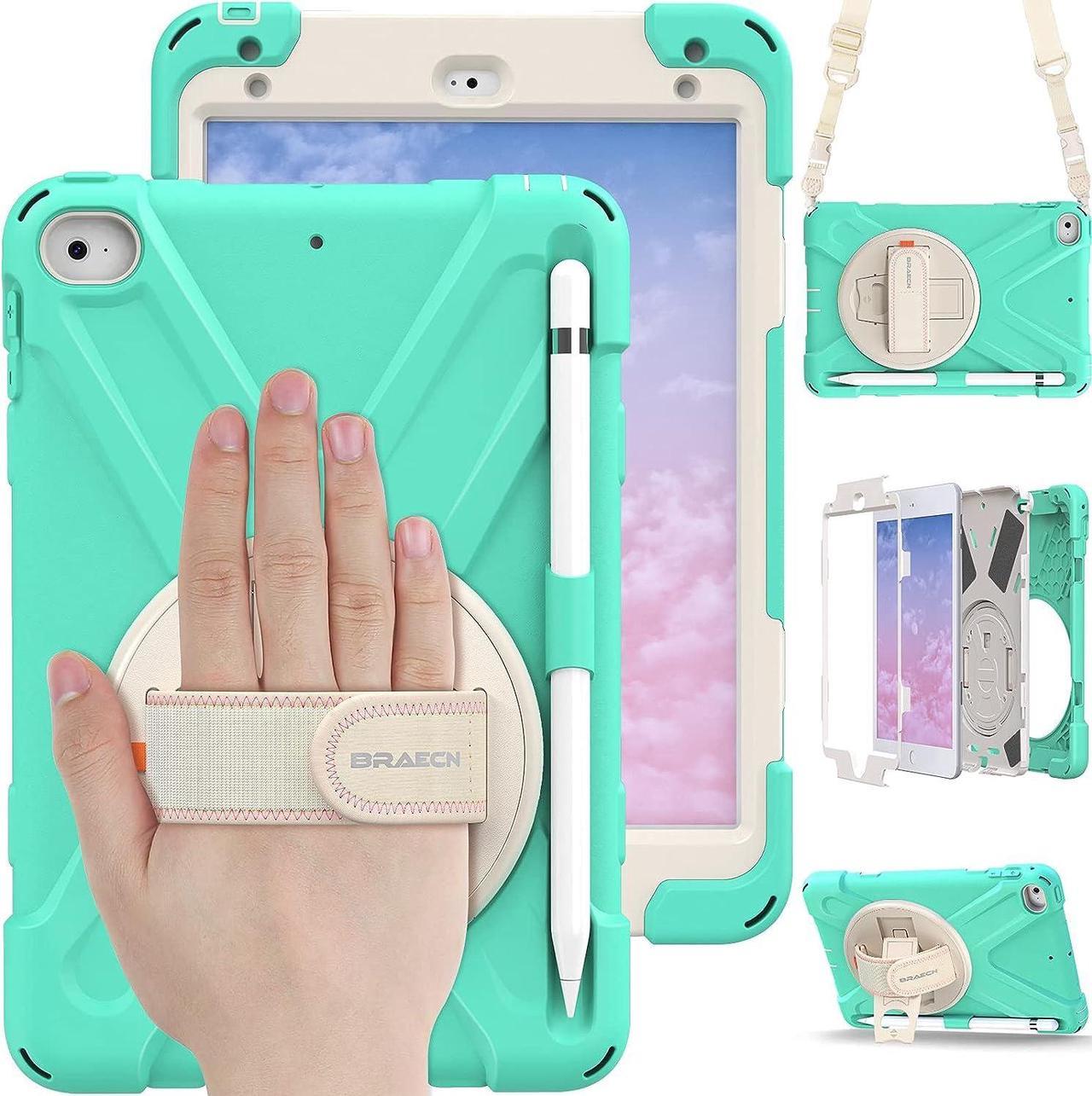 iPad Mini 5th Generation Case for Kids, Heavy Duty Shockproof Protective Case Cover with Hand Strap, Kickstand, Pencil Holder, Shoulder Strap for Apple Mini iPad 4/5 Gen 2019/2015-Mint Green