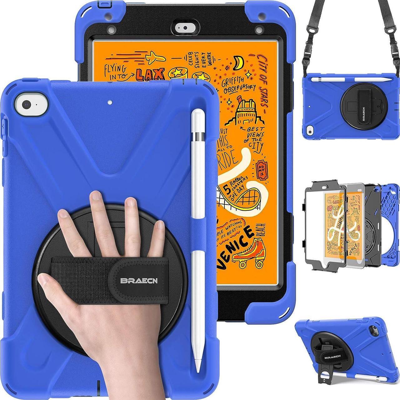 iPad Mini 5/4 Shockproof Case, [Pencil not Included] Hybrid Armor iPad Case with Hand Strap/Kickstand/Pencil Holder/Carrying Shoulder Strap for iPad Mini 5/iPad Mini 4th Gen for Kids-Blue