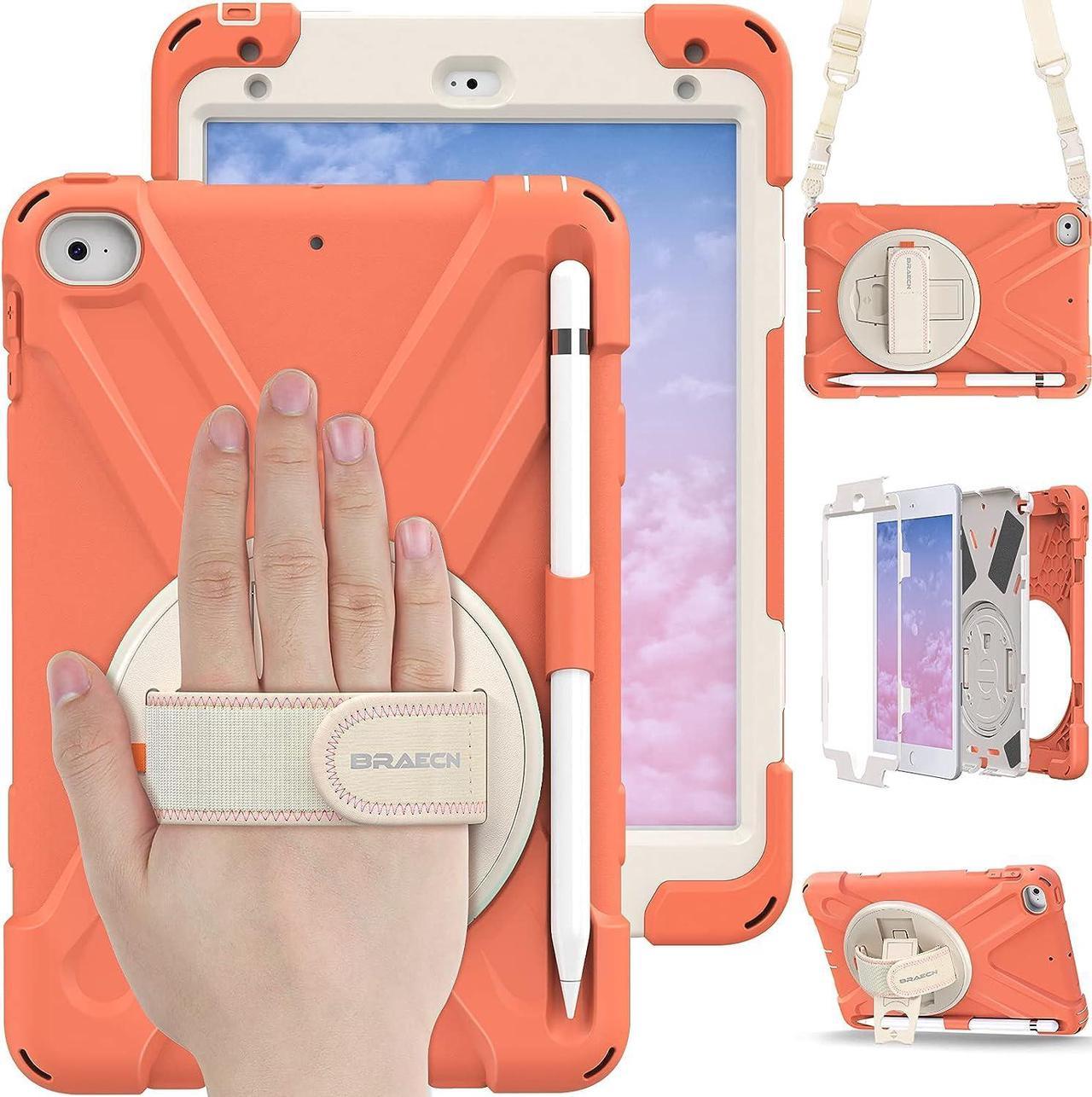 iPad Mini 4 Case for Kids, iPad Mini 2019 Case, Heavy Duty Shockproof Case with 360 Degree Swivel Kickstand/Hand Strap, Shoulder Strap, Pencil Holder for iPad Mini 5th/4th Gen- Coral Orange