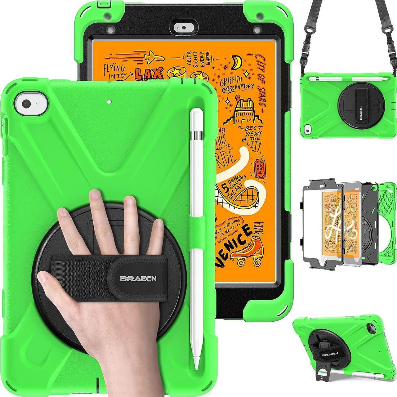 iPad Mini 5th Gen Case, Mini 4 iPad Case - Heavy Duty Rugged Case with Pencil Holder, Handle, Kickstand, Shoulder Strap for iPad Mini 5th /4th Gen,[Pencil not Included] - Green