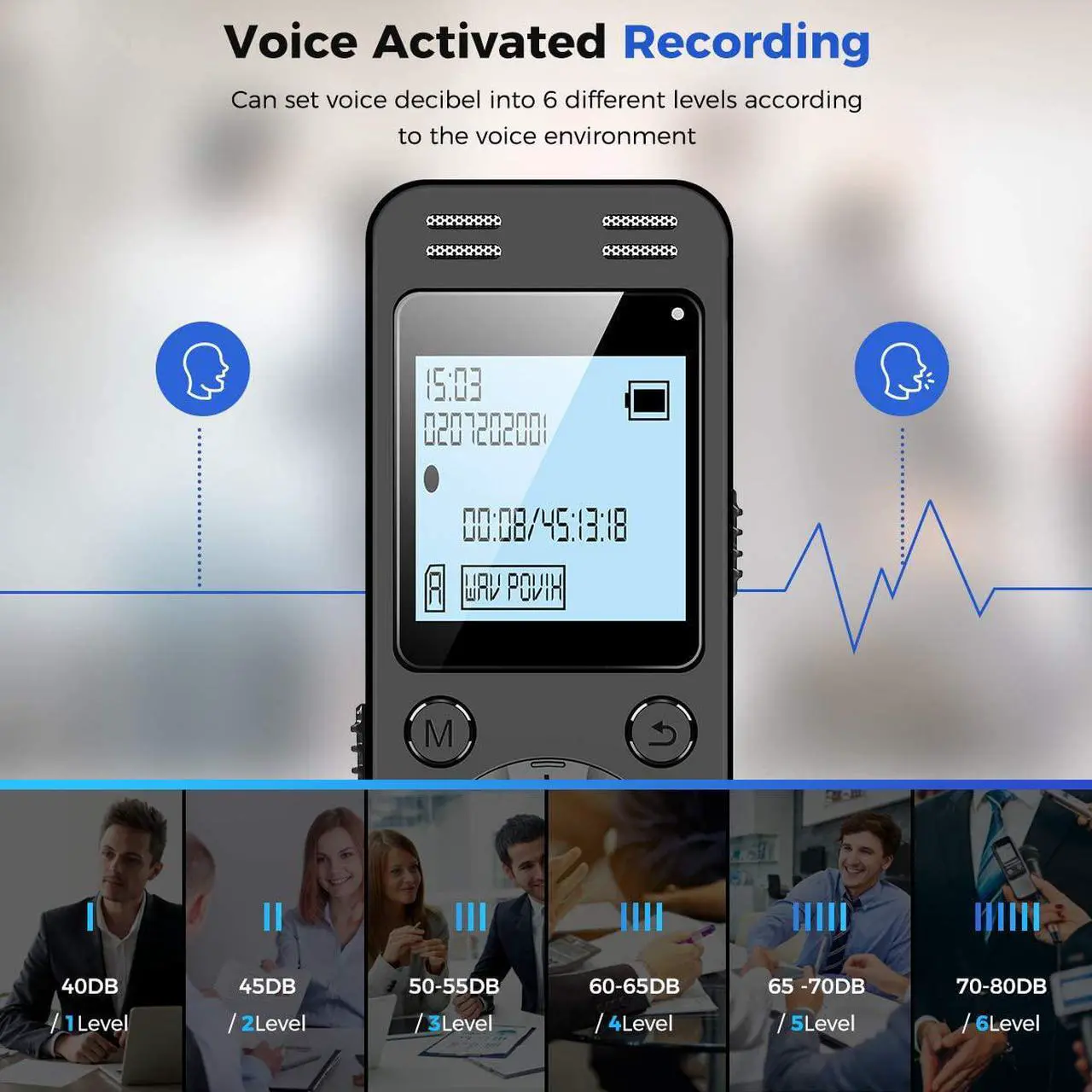 Alt view image 4 of 7 - 128GB Digital Voice Recorder for Lectures Meetings - EVIDA 9296 Hours Voice Activated Recording Device Audio Recorder with Playback,Password