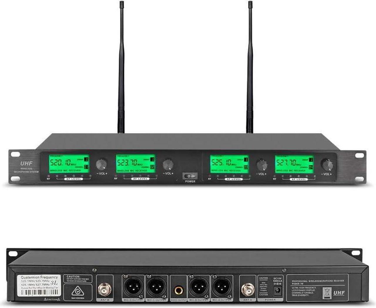 Alt view image 2 of 7 - Wireless Microphone System Pro UHF 4 Channel 4 Lavalier Bodypacks 4 Lapel Mic 4 Headsets for Karaoke System Church Speaking Conference Wedding Party