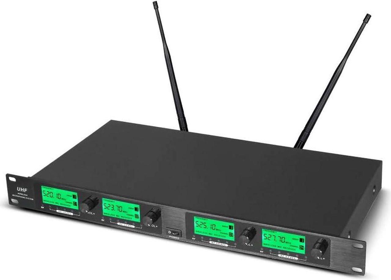 Alt view image 4 of 7 - Wireless Microphone System Pro UHF 4 Channel 4 Lavalier Bodypacks 4 Lapel Mic 4 Headsets for Karaoke System Church Speaking Conference Wedding Party