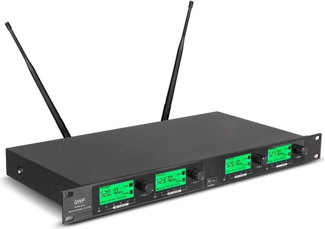 Alt view image 3 of 7 - Wireless Microphone System Pro UHF 4 Channel 4 Lavalier Bodypacks 4 Lapel Mic 4 Headsets for Karaoke System Church Speaking Conference Wedding Party
