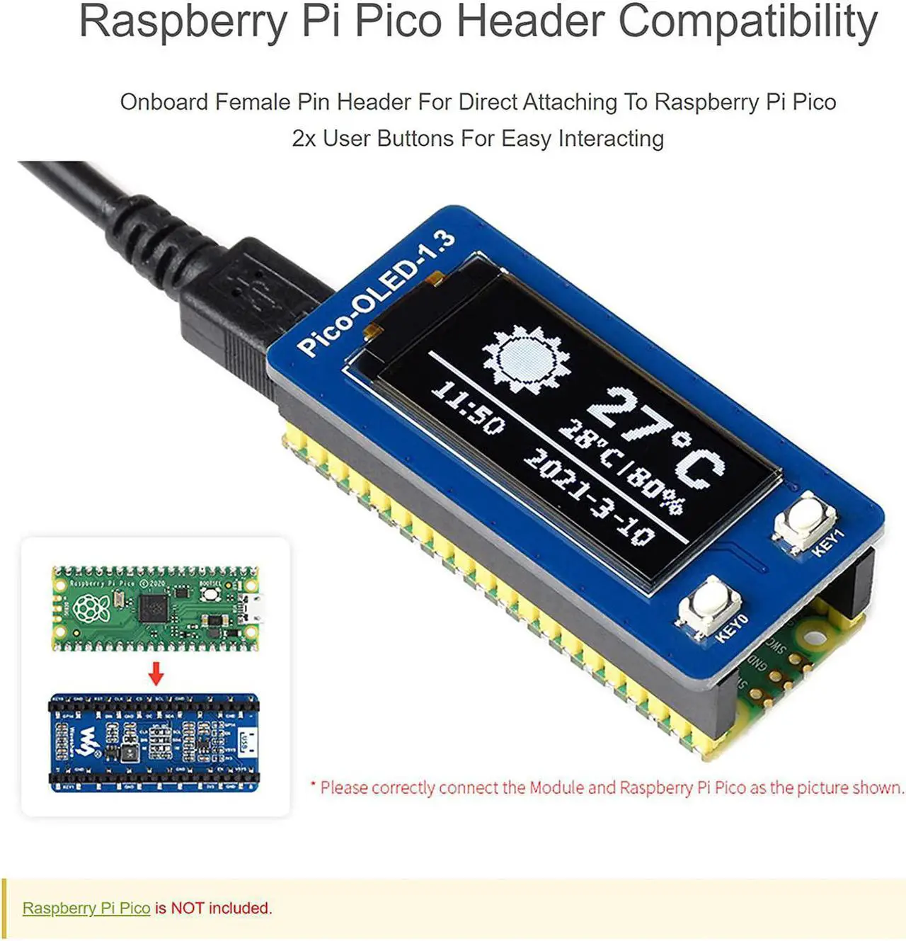 Alt view image 4 of 7 - waveshare 1.3 inch OLED Display for Raspberry Pi Pico, 64×128 Pixels, Embedded SH1107 Driver, Using SPI/I2C Bus, Better Compatibility, Fast Data Rate