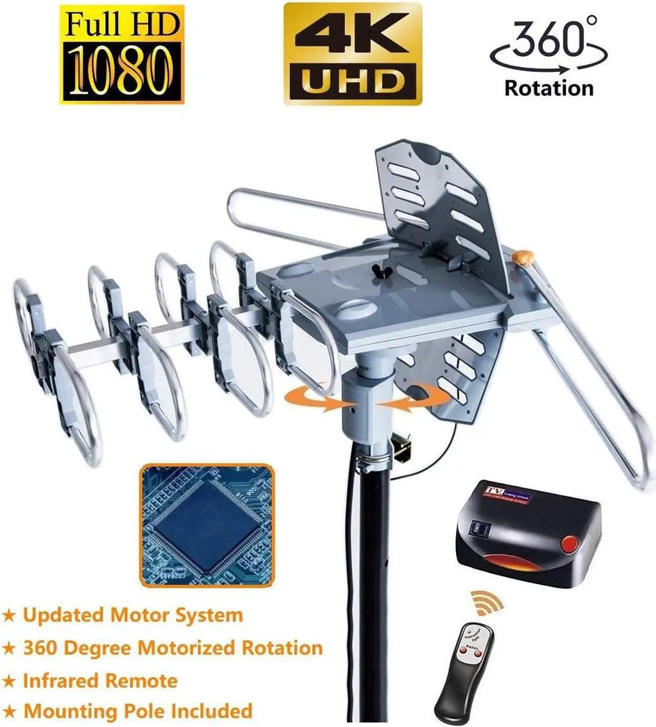 Alt view image 2 of 7 - McDuory Outdoor 150 Miles Digital TV Antenna 360 Degree Rotation Amplified HDTV Antenna -Support 2 TVs-UHF/VHF/1080P/4K - Infrared Remote - 40 feet RG6 Cable and Mounting Pole Included