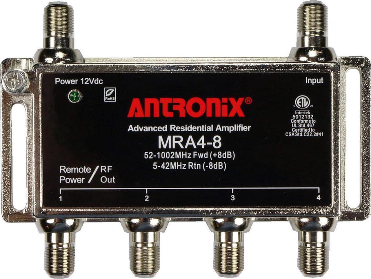 Alt view image 2 of 7 - 4-Port Cable TV/Antenna/HDTV/Internet Digital Signal Amplifier/Booster/Splitter with Passive Return, Coax Cable, F59 Terminators (Antronix MRA4-8)