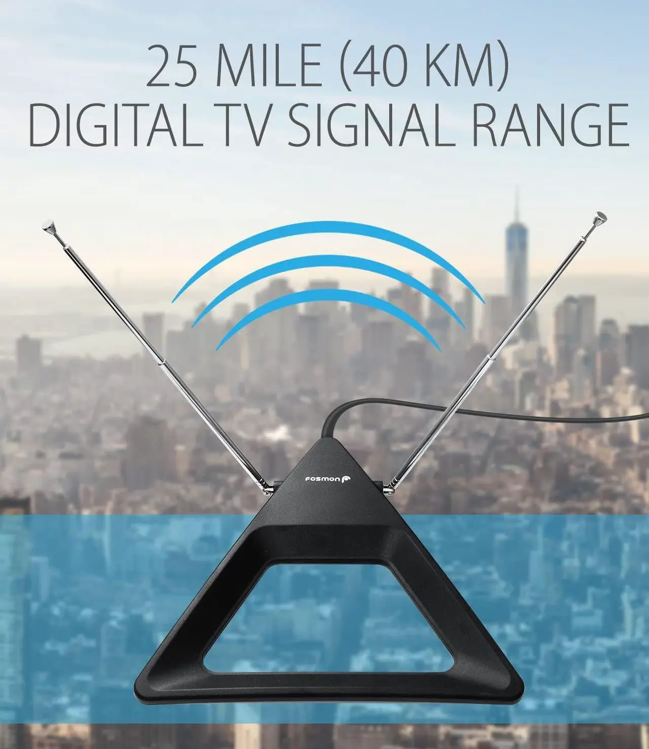 Alt view image 3 of 7 - Fosmon HDTV Antenna 25-40 Miles Range, Indoor Rabbit Ear TV Antenna, Retractable Dipoles [Wall Mountable or Tabletop] with 5FT Cable Support 4K Ready, ATSC 3.0, UHF, VHF, 1080p Free TV Channel