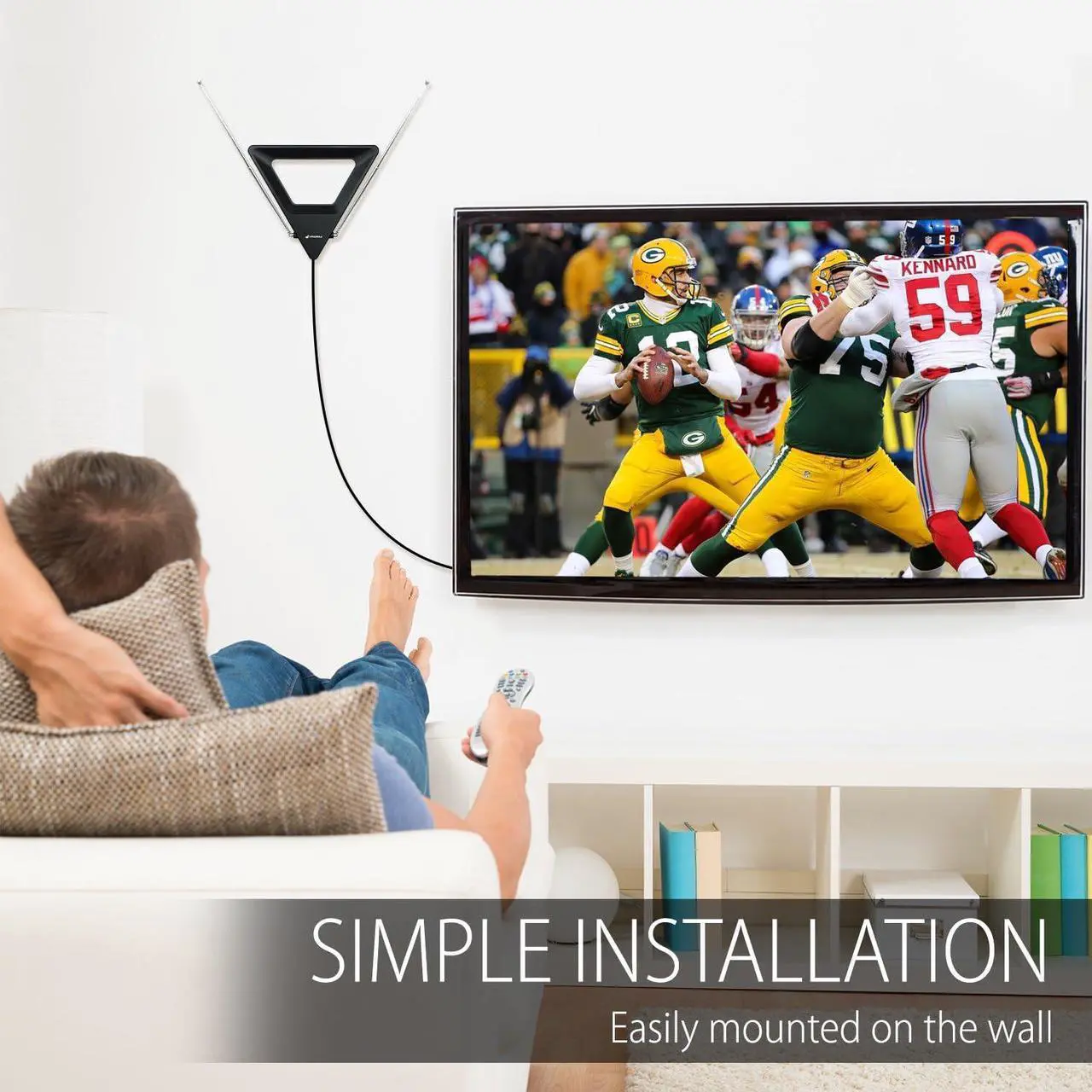 Alt view image 4 of 7 - Fosmon HDTV Antenna 25-40 Miles Range, Indoor Rabbit Ear TV Antenna, Retractable Dipoles [Wall Mountable or Tabletop] with 5FT Cable Support 4K Ready, ATSC 3.0, UHF, VHF, 1080p Free TV Channel