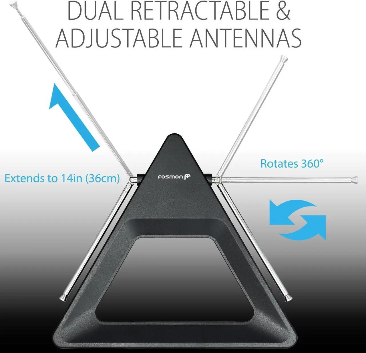 Alt view image 6 of 7 - Fosmon HDTV Antenna 25-40 Miles Range, Indoor Rabbit Ear TV Antenna, Retractable Dipoles [Wall Mountable or Tabletop] with 5FT Cable Support 4K Ready, ATSC 3.0, UHF, VHF, 1080p Free TV Channel
