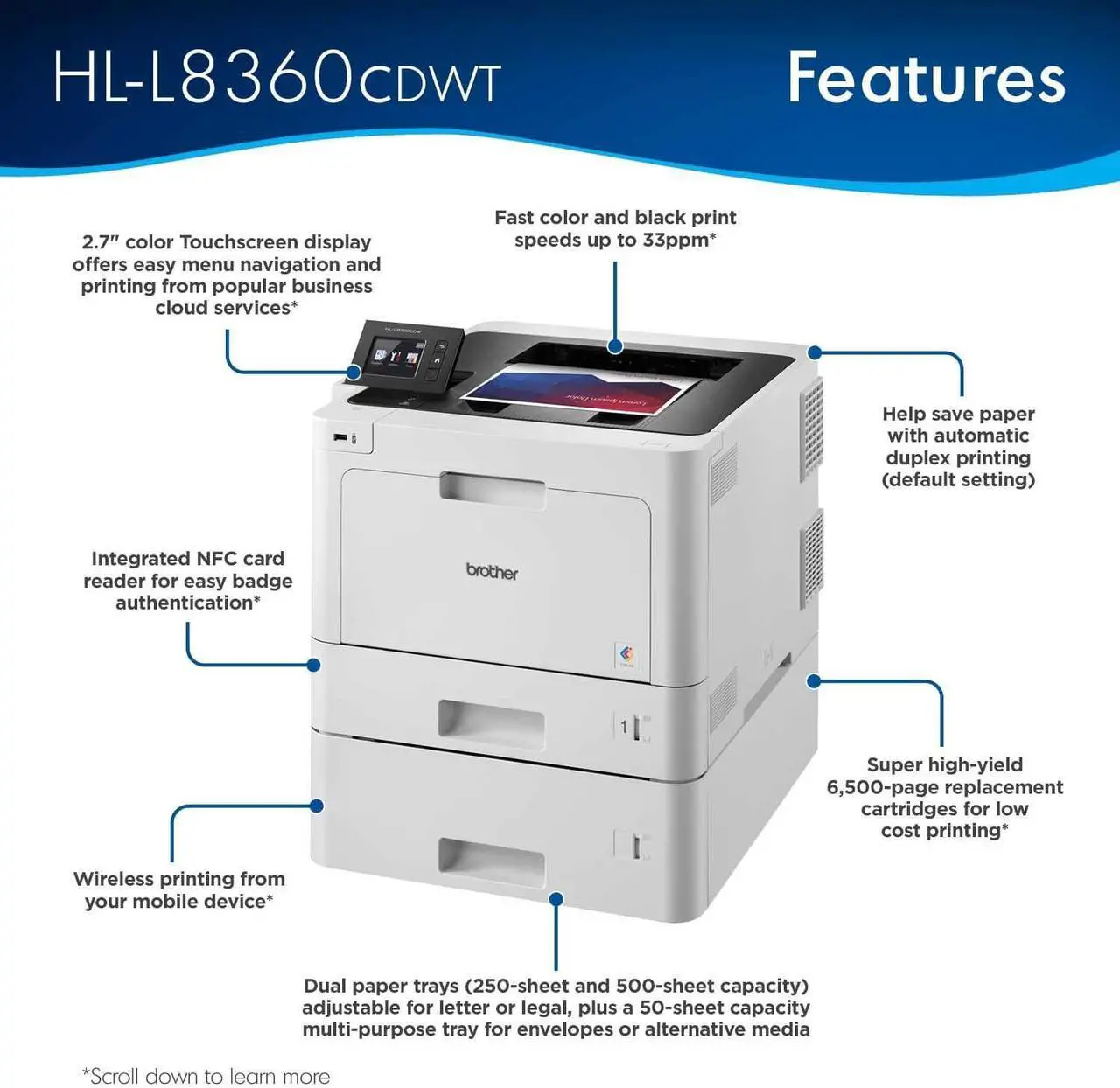 Alt view image 2 of 7 - Brother Printer HLL8360CDWT Business Color Laser Printer with Duplex Printing, Wireless Networking and Dual Trays, White